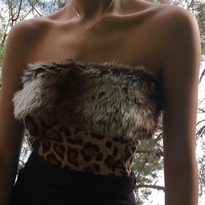 Leopard tube top with faux fur